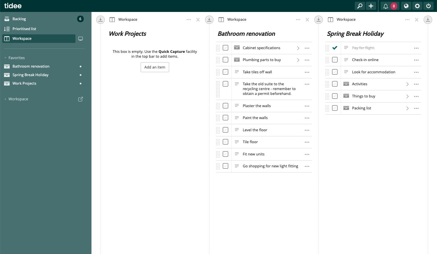 Aperçu de l'application tidee — espace de travail avec listes par boîtes